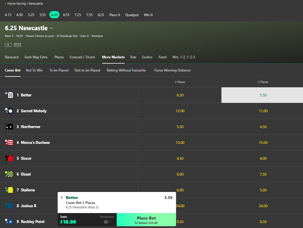  bet365 newcastle 6.25pm racecard with the horse called better selected at odds of 5.5 on the 3 places market